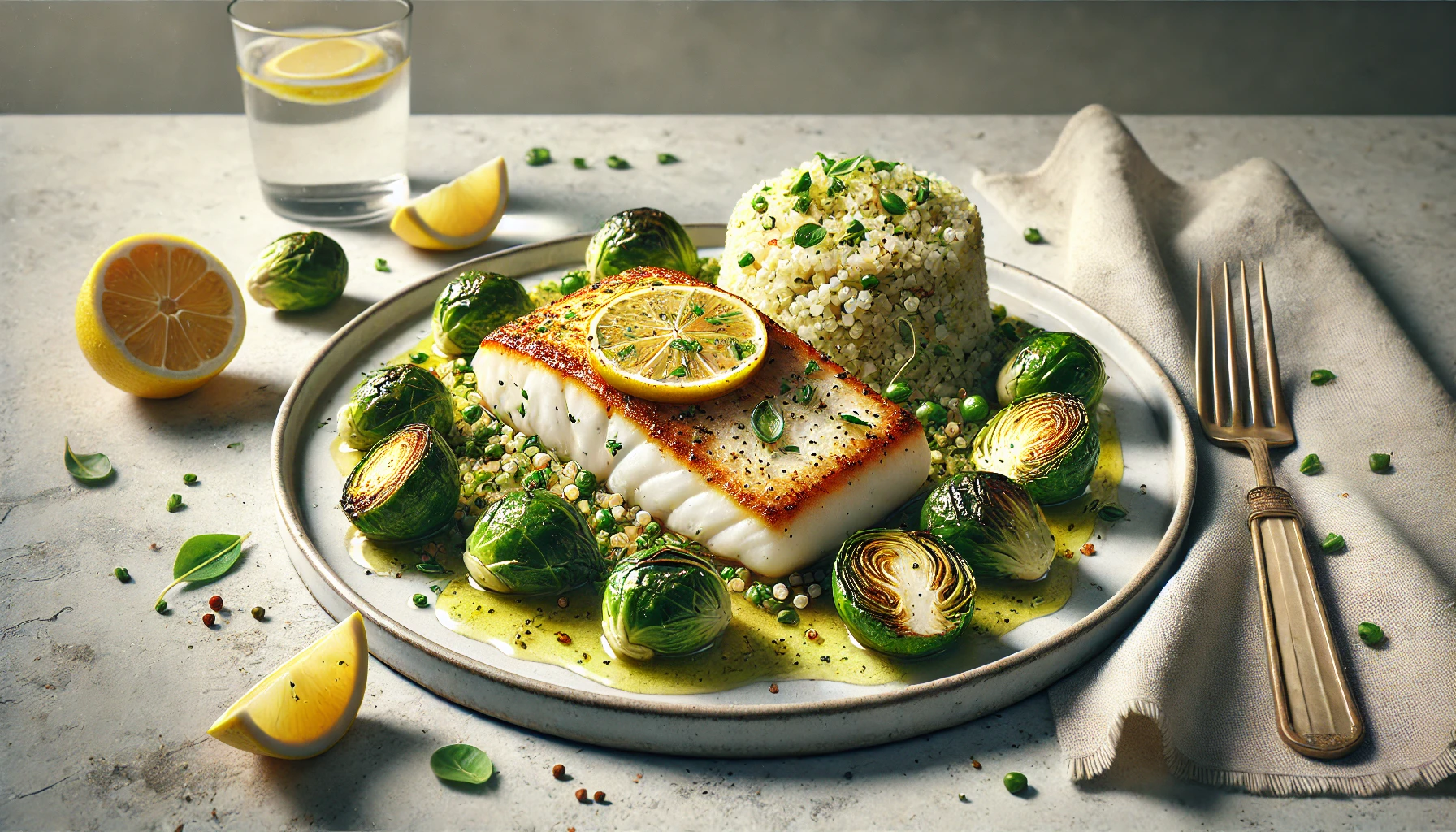 Baked Cod with Quinoa and Roasted Brussels Sprouts: A Nutritious and Flavorful Meal A baked cod fillet served with fluffy quinoa and roasted Brussels sprouts, drizzled with lemon sauce and garnished with fresh herbs.