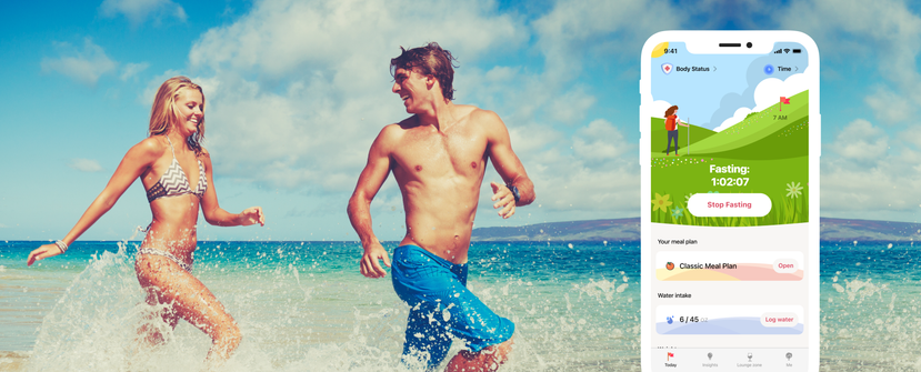 Man and woman using fasting app with logo in background