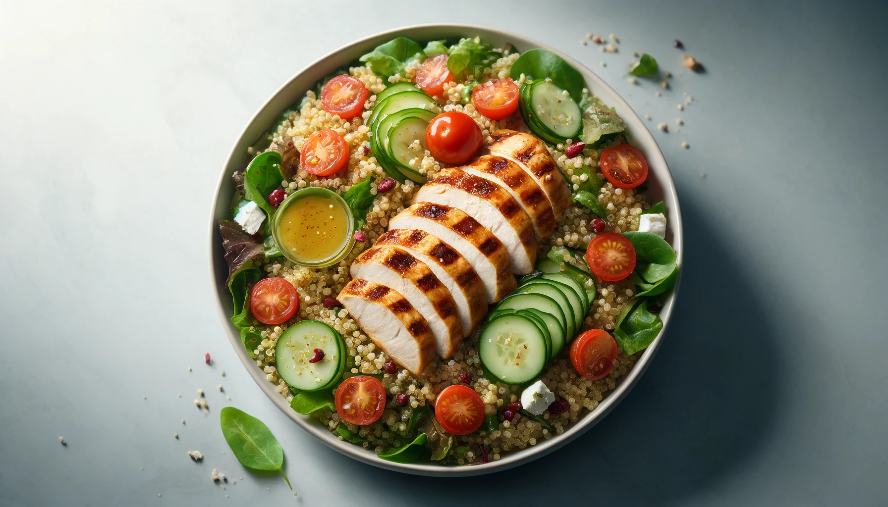 Quinoa Salad with Grilled Chicken: A Nutritious and Balanced Meal A vibrant quinoa salad with grilled chicken, mixed greens, cherry tomatoes, cucumbers, and a sprinkle of feta cheese, drizzled with a light vinaigrette.