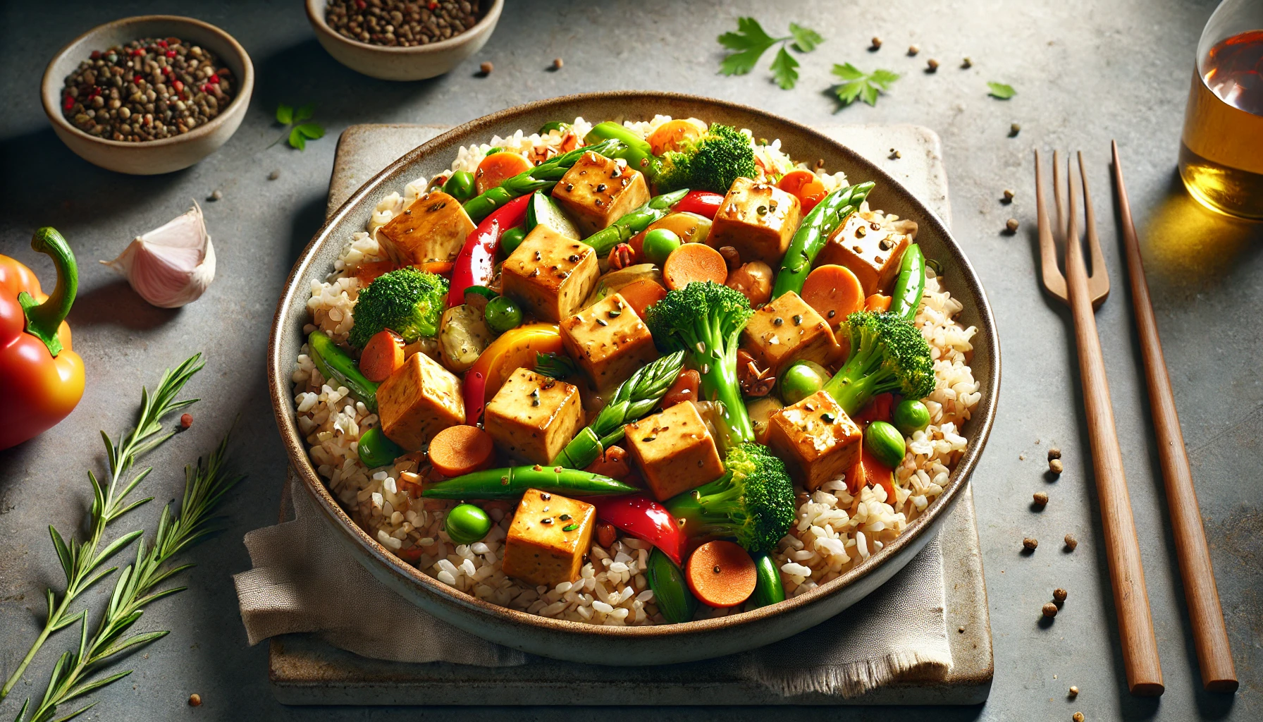 Stir-Fried Tofu with Brown Rice and Mixed Vegetables: A Balanced and Nutritious Meal A delicious dish of stir-fried tofu served with brown rice and vibrant mixed vegetables, including bell peppers, broccoli, and carrots.